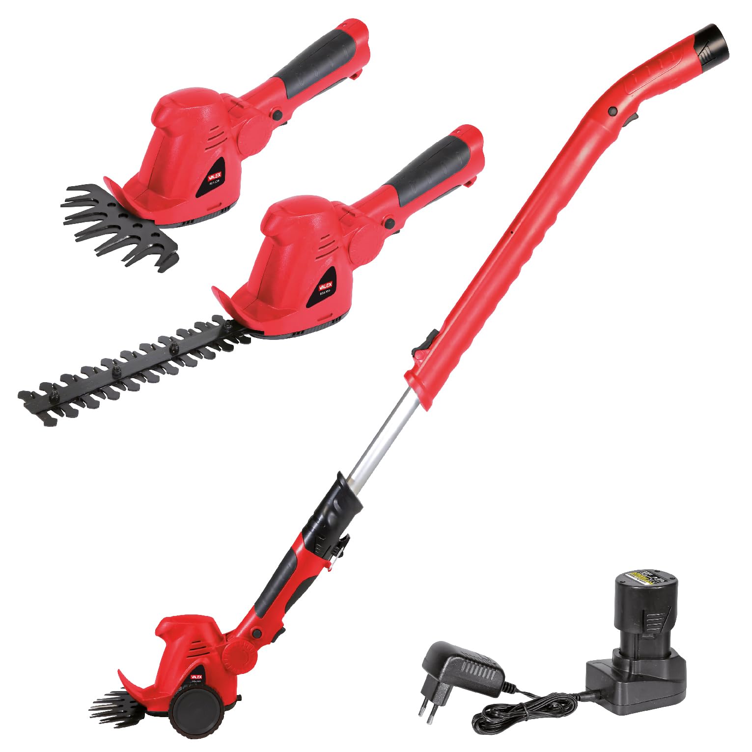 Valex RSA109 - Recortador para setos y parterres a batería, Hoja Cortasetos de 220 mm y cortacésped de 160 mm, Cabezal inclinable de 7 Posiciones, Mango telescópico con Ruedas