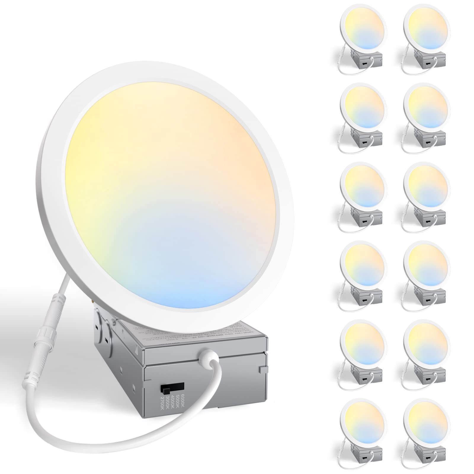 Amico 12 Pack 5 Inch 5CCT Ultra-Thin LED Recessed Ceiling Light with Junction Box, Fit 3.5~4.5 Inch Hole, 2700K/3000K/4000K/5000K/6000K,12W Eqv 80W, Dimmable Canless Downlight,1000LM Brightness, ETL