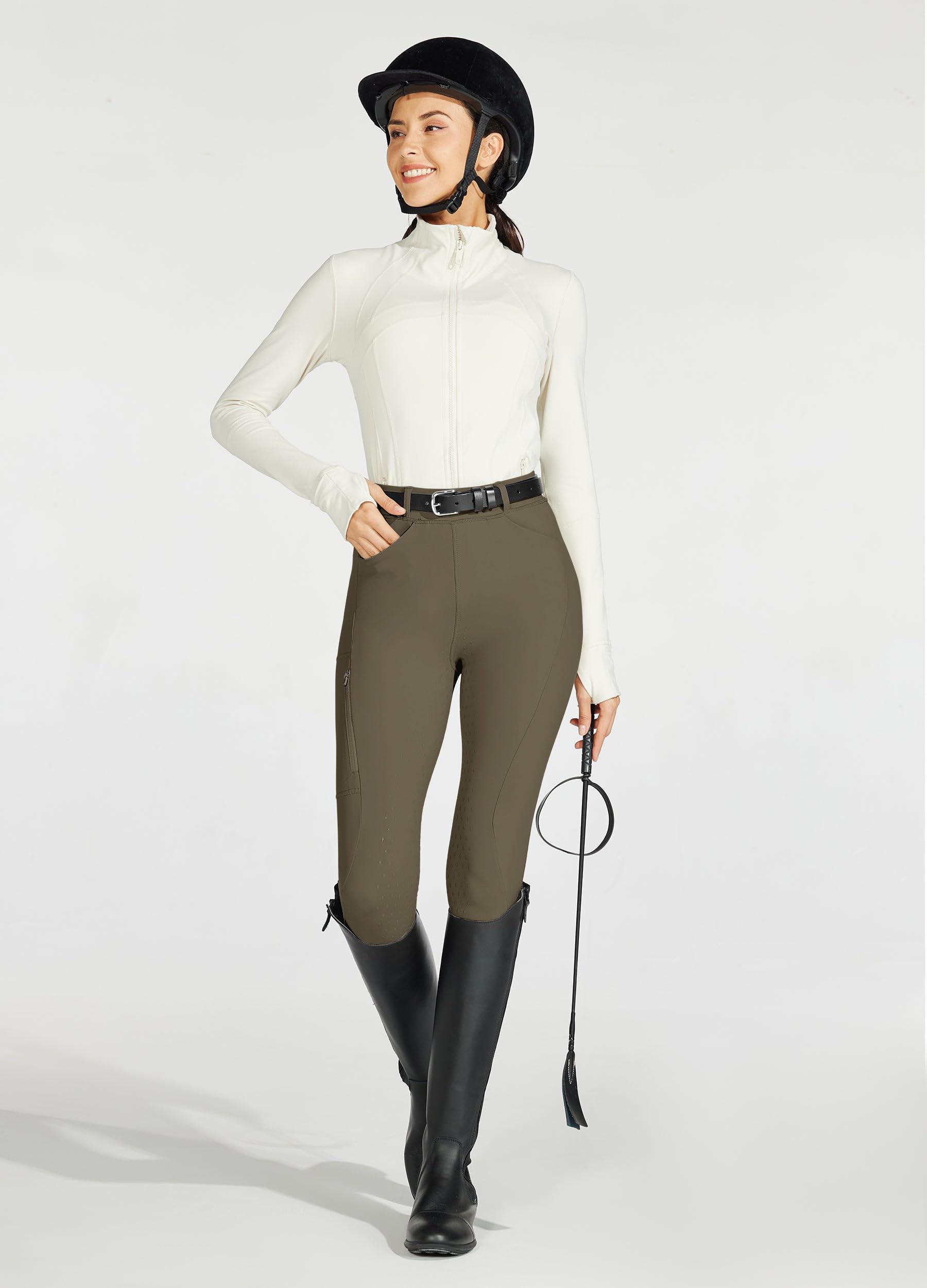 WILLIT Pantalones de equitación para mujer con ribete completo de silicona, cintura alta, elásticos, con bolsillo de cremallera, trabillas para cinturón