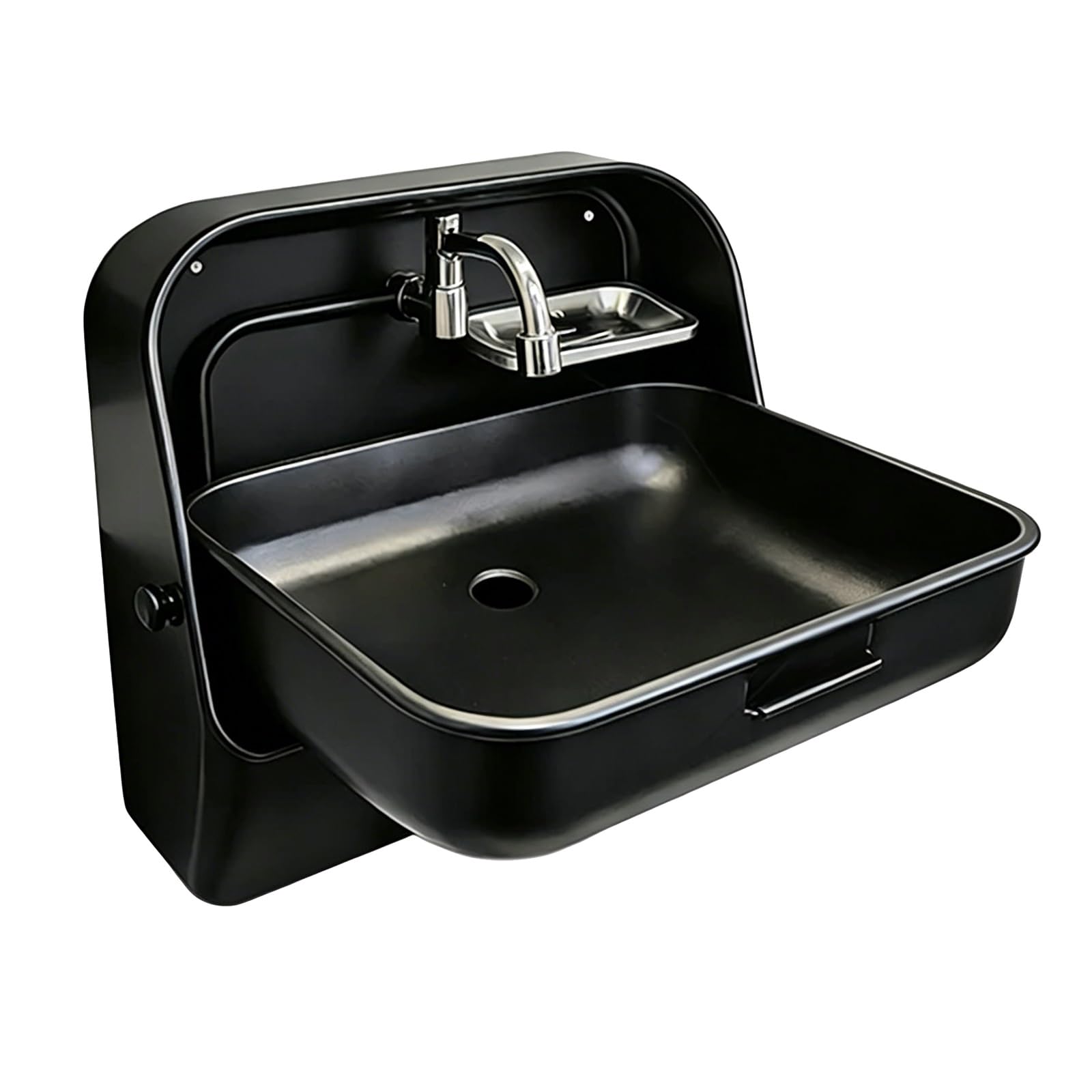 Fregadero Camper, Fregadero de Cocina, Jabonera, Grifo de Agua Fría, Acero Inoxidable 304, Montaje en Pared, Lavamanos(Black)