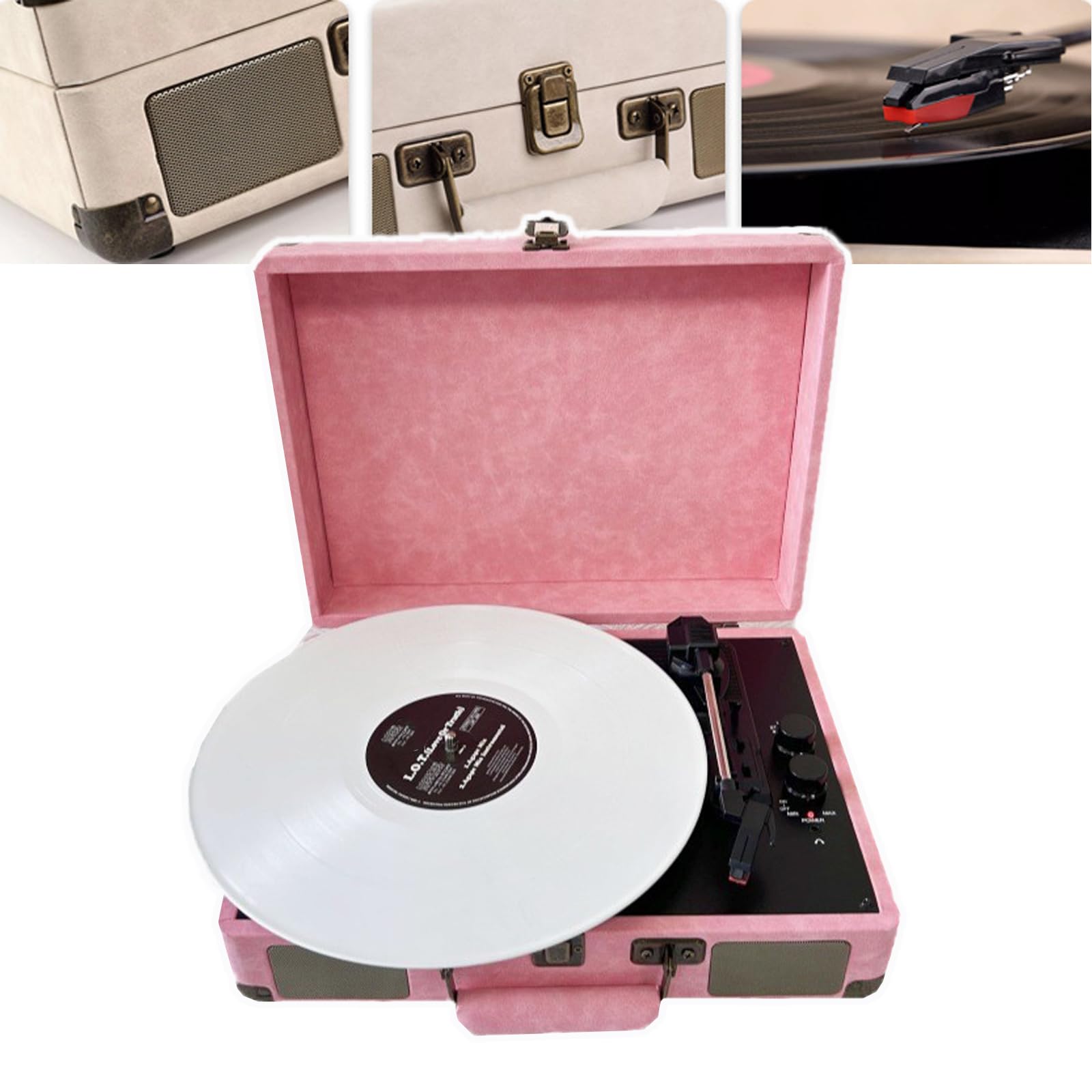 Giradischi portatile, giradischi vintage per dischi in vinile,Bluetooth 5.0, design con fibbia in metallo + bordo in metallo, supporta dischi in vinile da 7/10/12 pollici, 33/45/78 giri/min,Pink