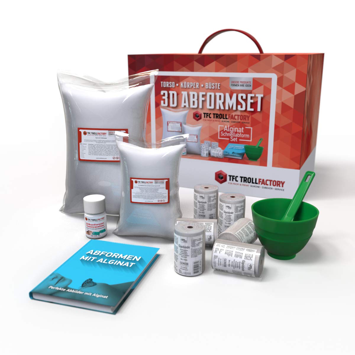 TFC 3D Körper Torso Abformset, mit 2kg TFC Alginat Abformmasse 9-11 Minuten, 6,0kg TFC Xyrarock Giessmasse 4:1, 6 Rollen Gipsgebinde, Mischbecher, Rührspatel und unser Fachbuch „Abformen mit Alginat“
