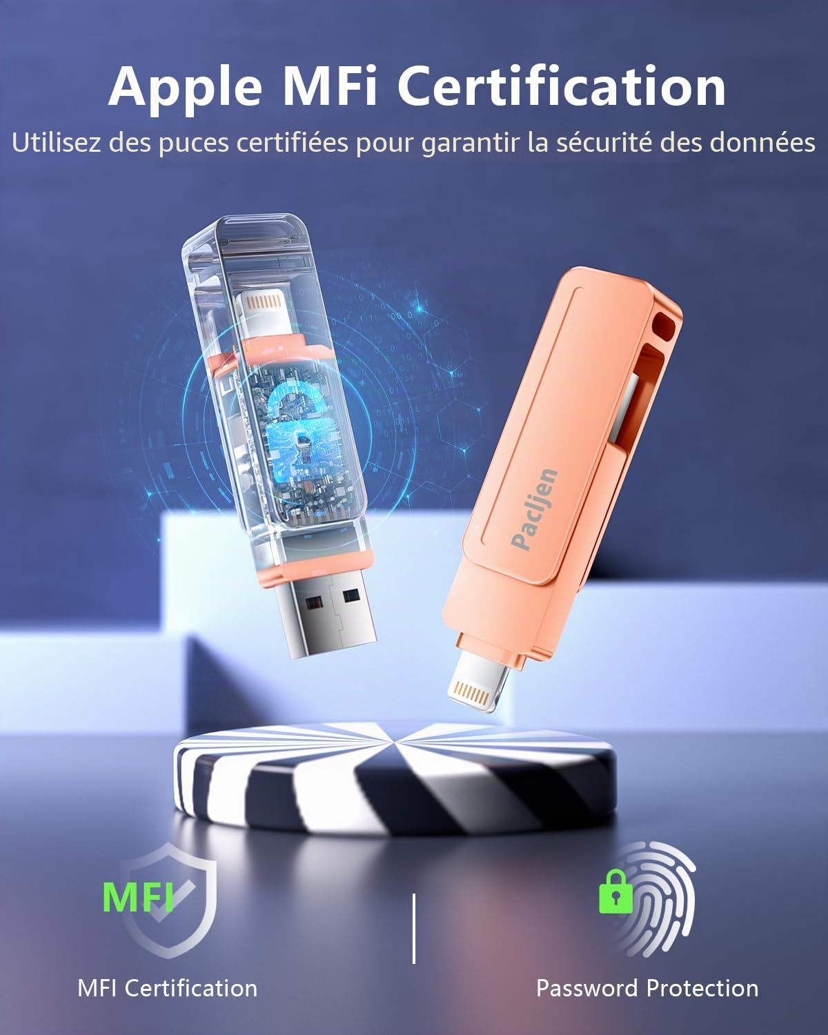 Clé USB pour iPhone 256Go,[MFi Certified] Pacljen 3 en 1 Cle USB 3.0 pour Lightning et USB C Mémoire Externe pour Sauvegarde Rapide Clef USB Compatible avec iPhone/iPad/Android/Mac/PC (256GO,Rose)