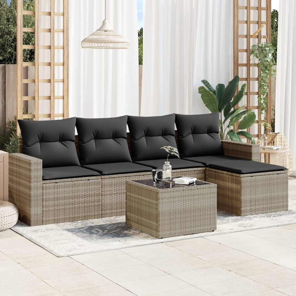 Zestaw 6 szt. Sofa ogrodowa z poduszkami jasnoszary Polyrattan Wielofunkcyjny zestaw mebli ogrodowych do wypoczynku na świeżym powietrzu Nadaje się na podwórko