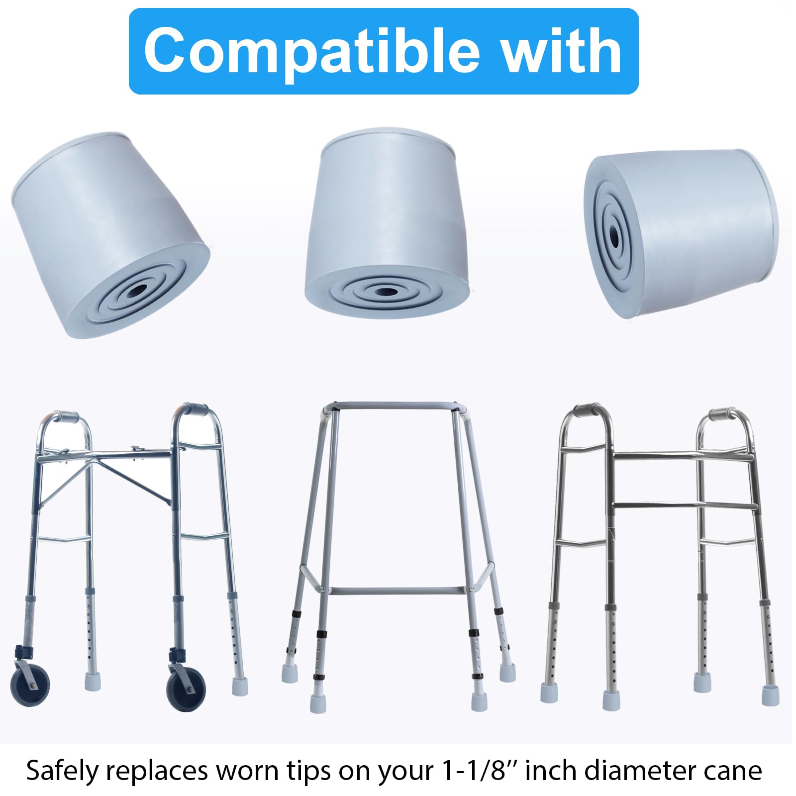 Paquete de 4 puntas de bastón de goma de repuesto de 1 1/8 pulgadas, puntas de muleta de alta resistencia, puntas de goma para muletas para caminantes, inodoros, sillas de ducha, patas de bastón, gris