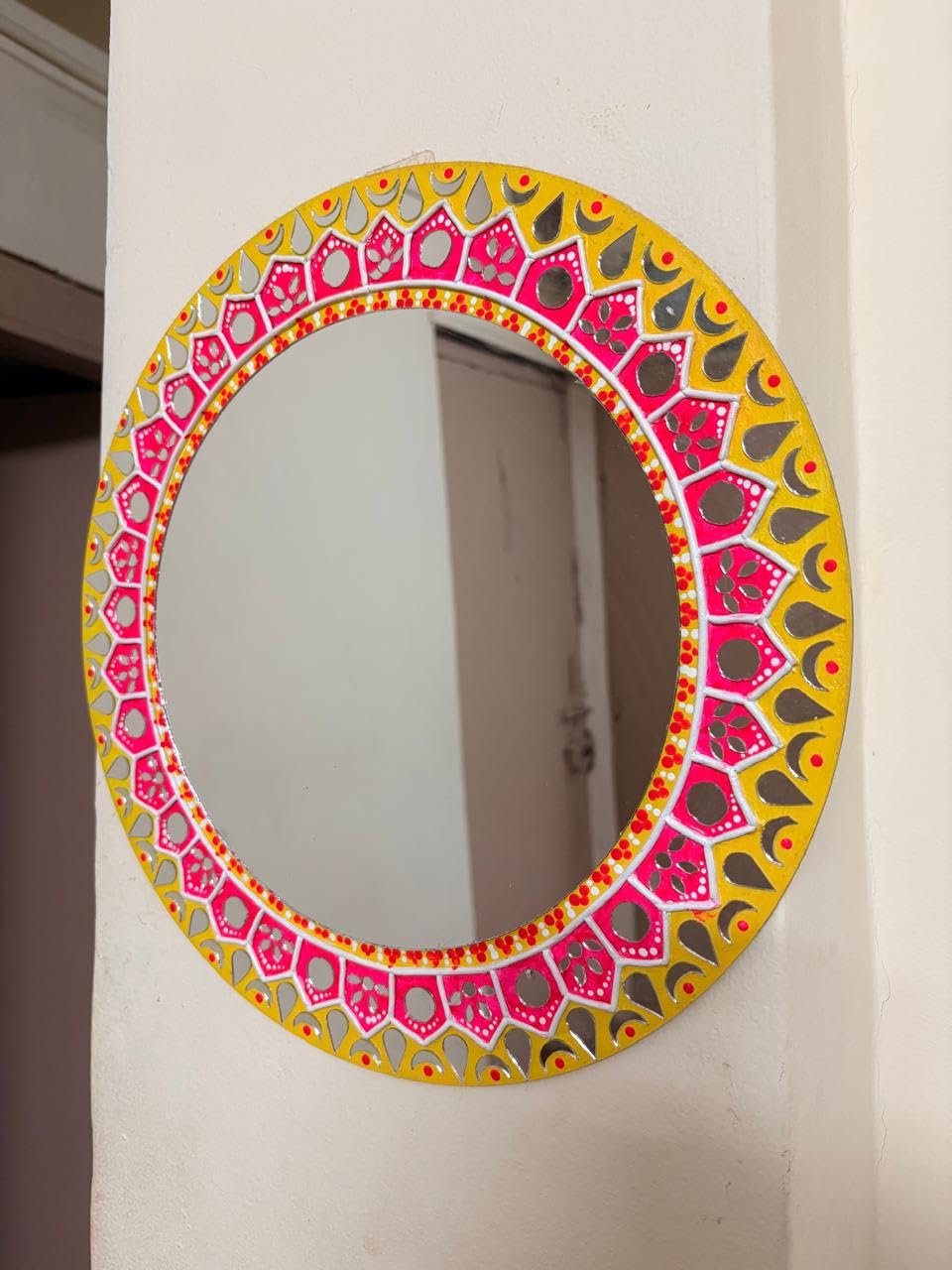 Lippan Art Round Wall Mirror Handmade Mud & Mirror Work 14x14in | Multicolour Frame, Ethnic Traditional Design, Wall Hanging, Living Room Decor, 35x35 cm-image-43