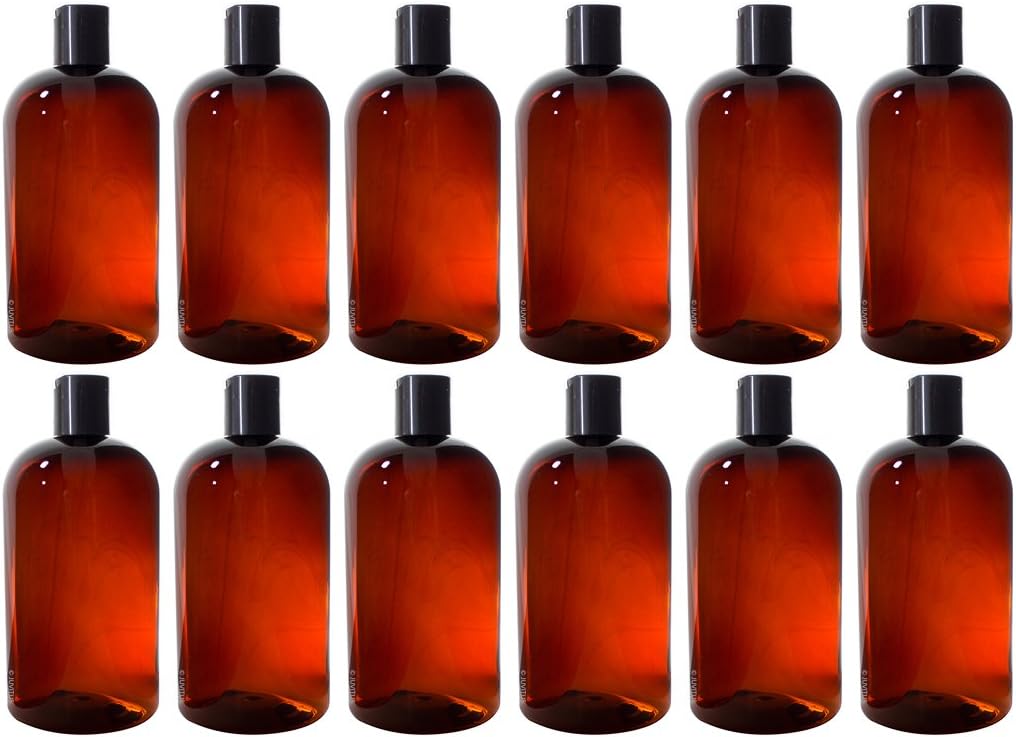 JUVITUS Amber 16 oz Boston Round PET Plastic Bottles (BPA Free) with (12 pack) (Gold Disc Cap)