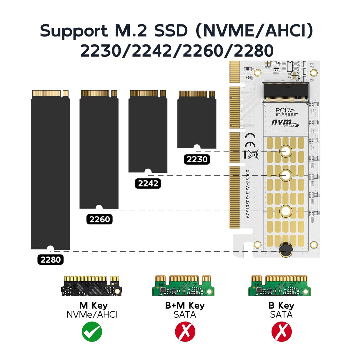 M.2 NVMe/AHCI SSD to PCIe X16/X8/X4 Adapter with Aluminum Heat Sink, for M-Key 2280/2260/2242/2230 Solid State Drives
