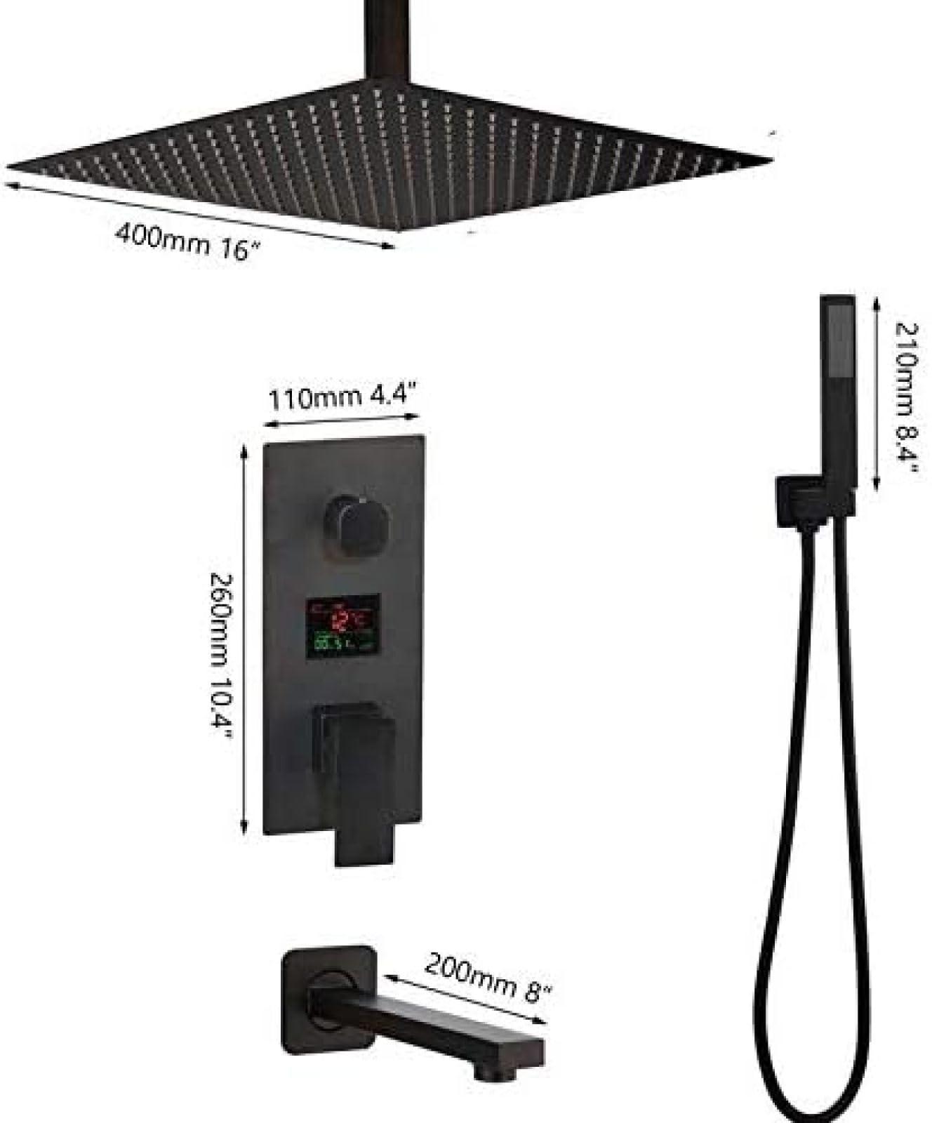 40.6 cm 3-drożny czarny cyfrowy zestaw baterii prysznicowych deszczownica głowica prysznicowa cyfrowy wyświetlacz temperatury bateria obrotowa wanna wylewka wanna prysznic