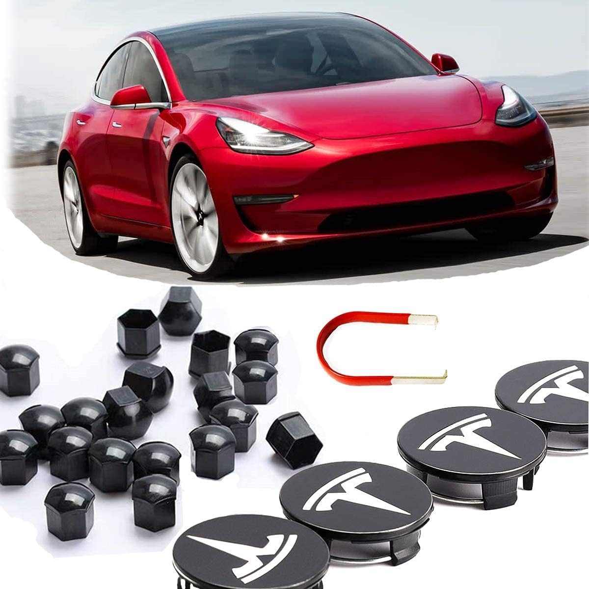 KENPENRI Aerodynamic Wheel Cap Kit Compatible with Tesla 3, Y, S & X - 4 x Center Cap Set & 20 Wheel Lug Nut Cover - Black & Silver