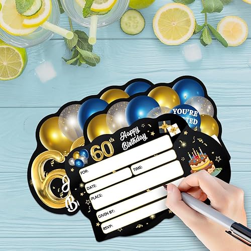 Miniatura 3 de ERHACHAIJIA 20 tarjetas de invitaciones rellenas en forma de pastel y globos azules y dorados con sobres, divertidas invitaciones de cumpleaños 60