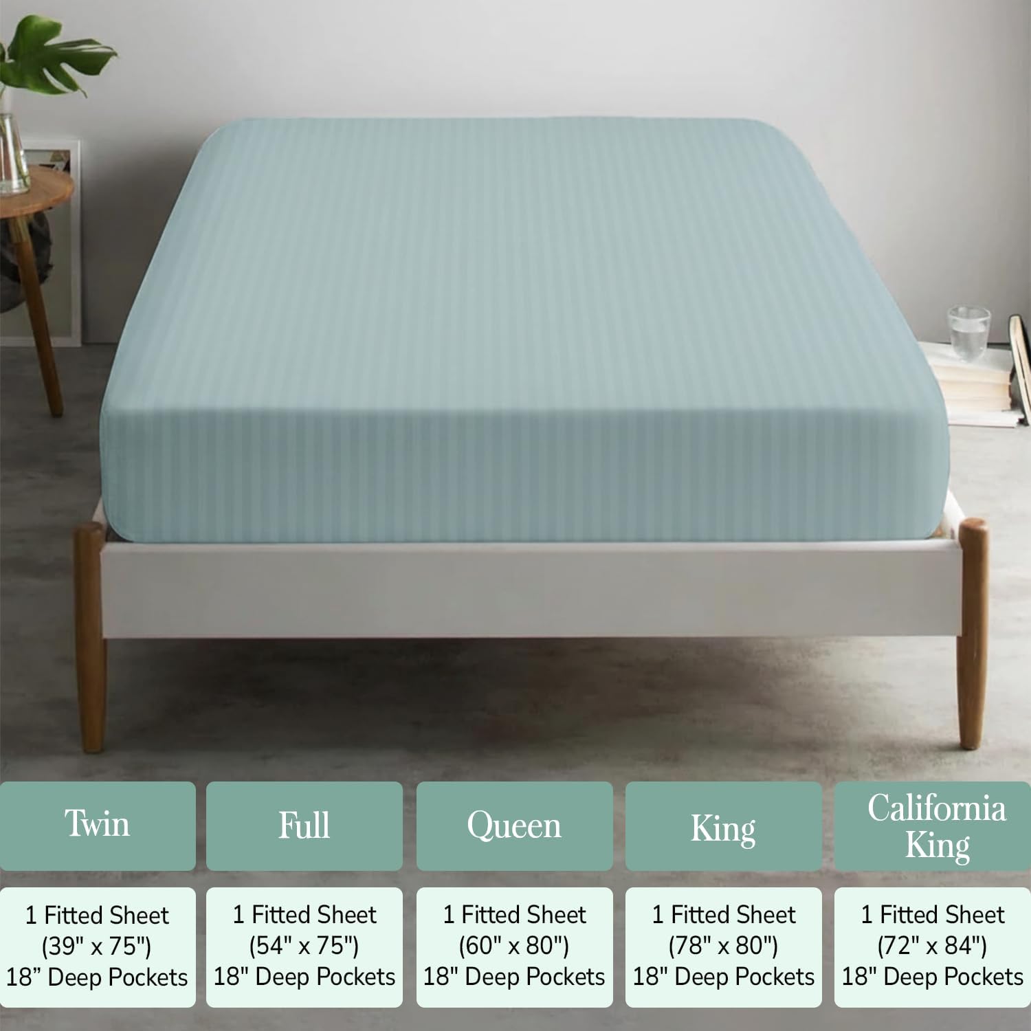 Feather & Stitch 1 Piece Fitted Sheet King Size, 100% Cotton Damask Sateen Weave, Striped Breathable, Stretchable Elastic Sheet for Mattress 18 inch Deep Pocket, 500TC Premium Ultra Soft - Green