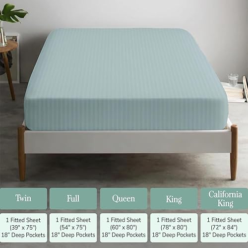 Miniatura 6 de Feather & Stitch - Sábana bajera ajustable de 100 % algodón, tejido satinado de damasco, transpirable a rayas, sábana elástica para colchón de 18