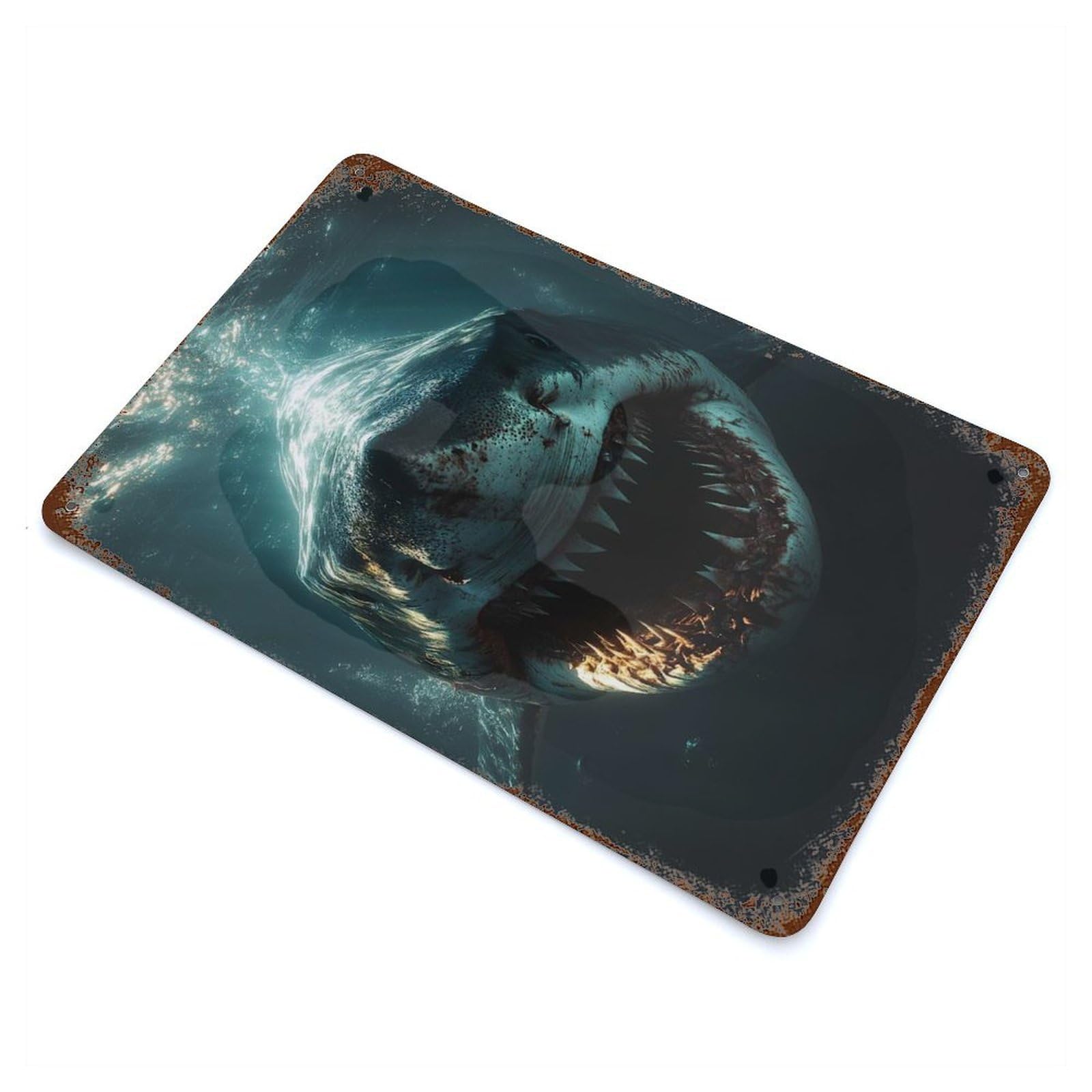 Great White Shark Underwater Portrait 11.8"x7.9" Rust Effect Tin Sign, Decorative Metal Wall Art for Garage, Bar And Workshop Decor