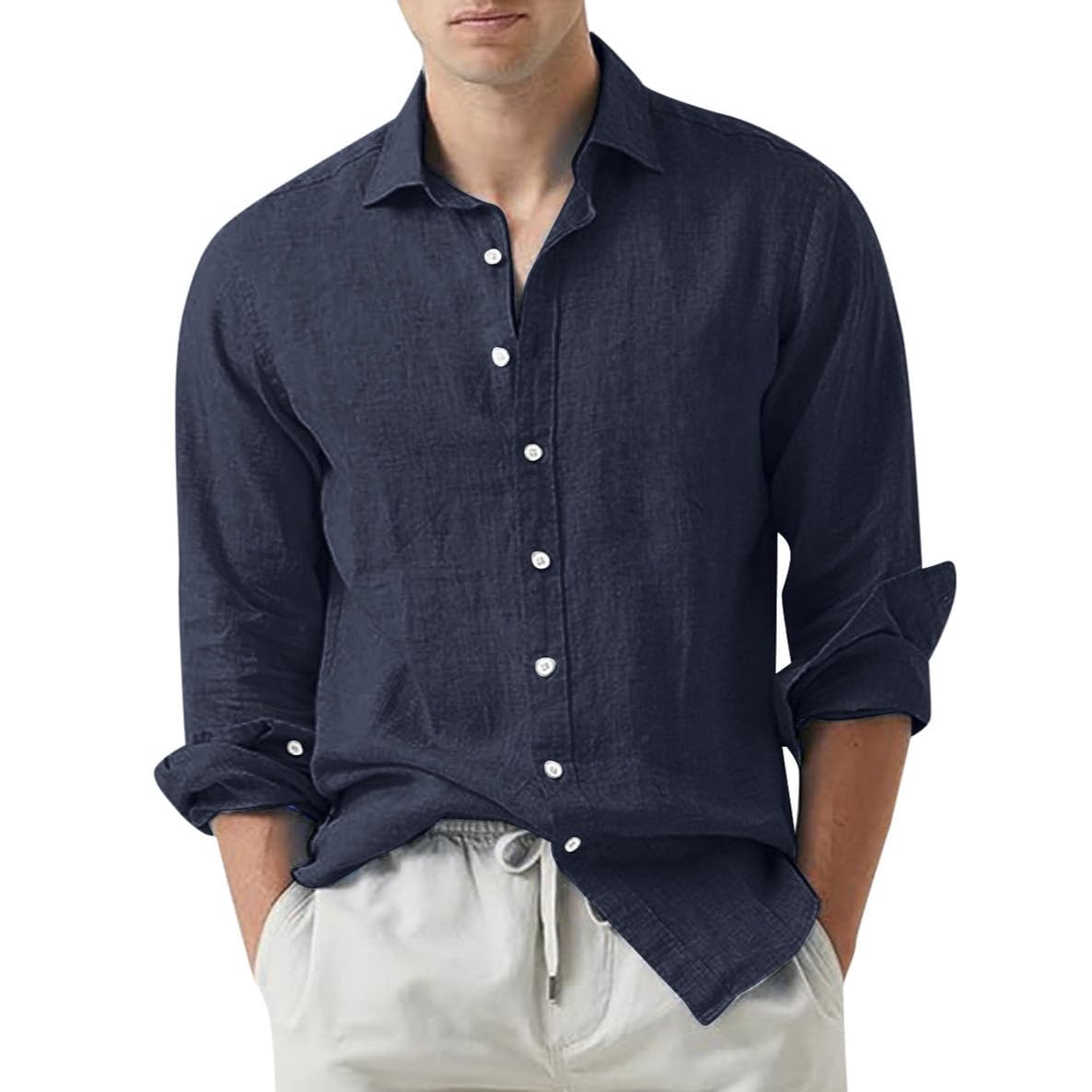 Men's Linen Casual Long-Sleeved Cardigan Thin Shirt Beach Buttons Down Solid Plain Shirts Soft Henley Clothes, Light Grey, XX-Large