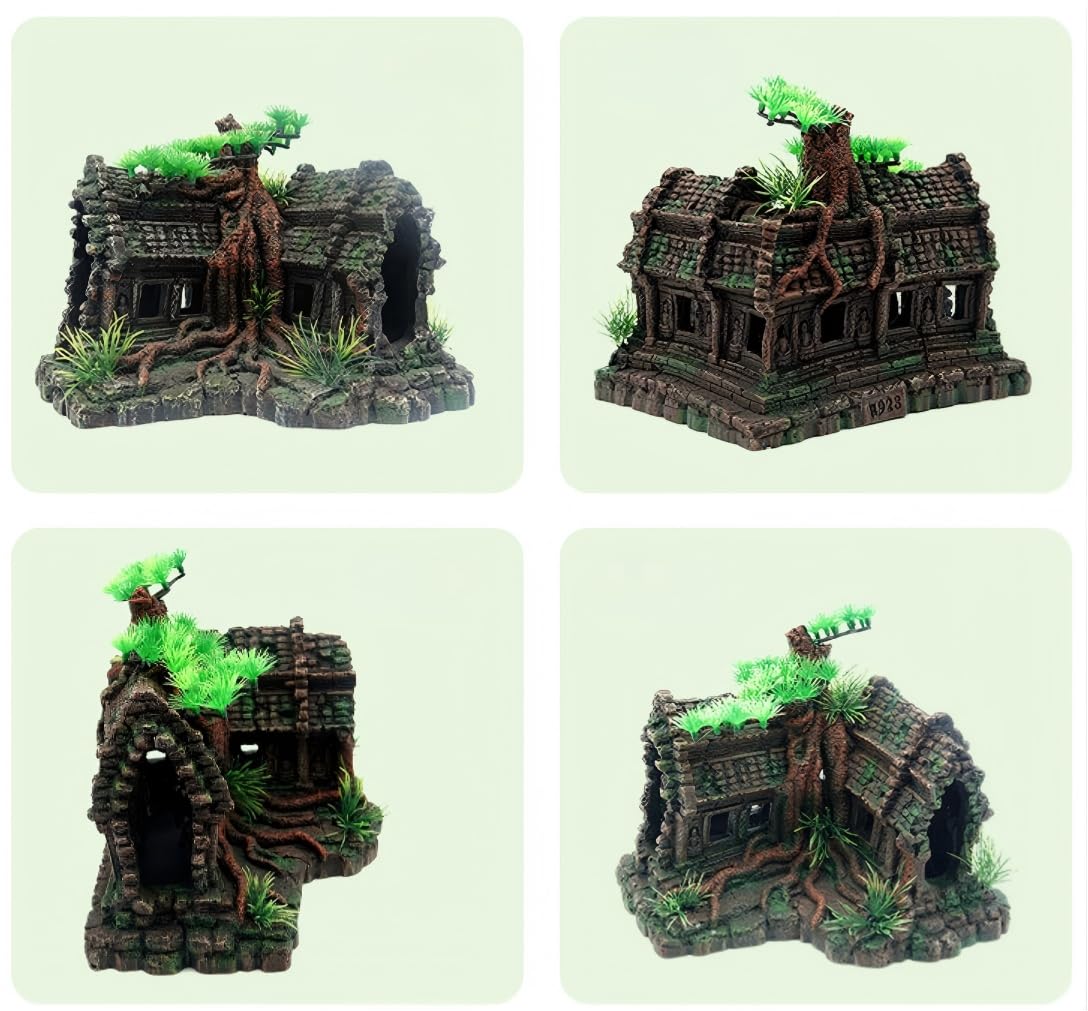 Decoración de Paisaje para pecera de Acuario, Templo Antiguo con Plantas, decoración de Resina, Accesorios para Acuario, 27,5x21x18cm