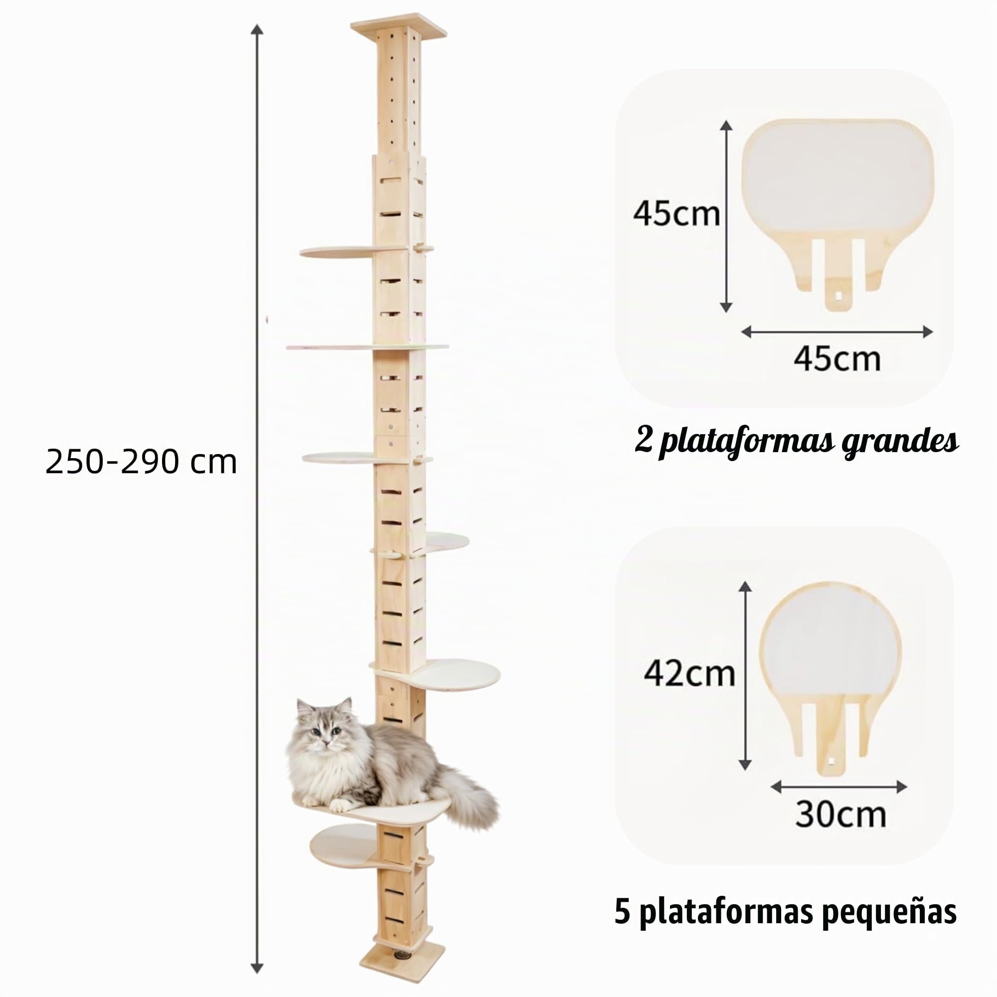 Road Rascador para gatos, escalera hasta el techo, altura regulable (250-290 cm), extremadamente alto, árbol de gato de 7 niveles, ideal para salón y dormitorio