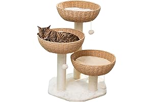 Shengocatz Cat Tree 3-Tier with Rattan Wicker Basket for Large Cats