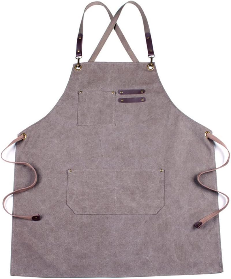 Chef Apron Canvas Aprons with Pockets-Cross Back Kitchen Apron for Cooking Grilling Baking BBQ Barber (Color : Gray, Size : As Shown)