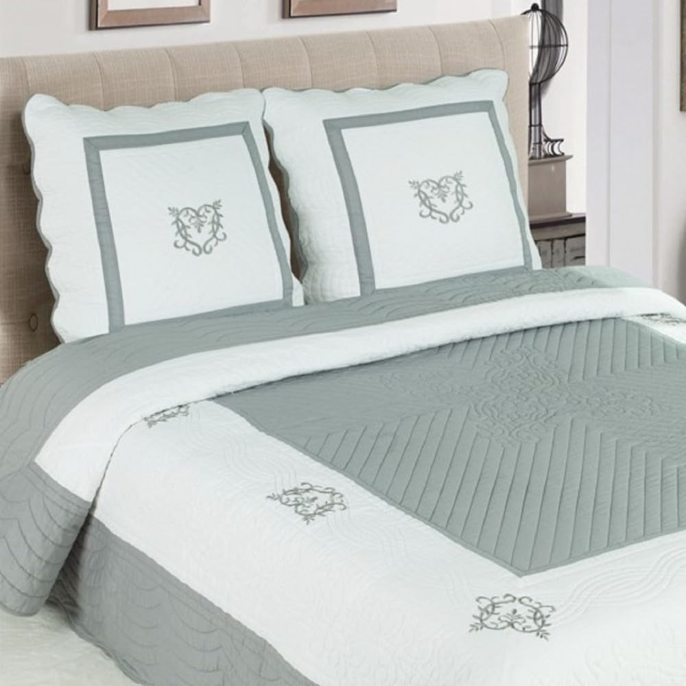 Boutis Peaceland Gris 260x260 cm + 2 Taies d'oreiller carrées – Couvre lit Matelassé Élégant – Idéal pour Grand Lit Double