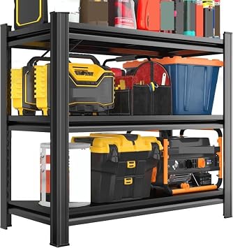 3-Tier Heavy Duty Metal Shelving Unit, 1200LB Capacity Garage Storage Shelves with Adjustable Height, Wide Black Storage Rack for Kitchen Basement Garage and Pantry Supermarket Gym