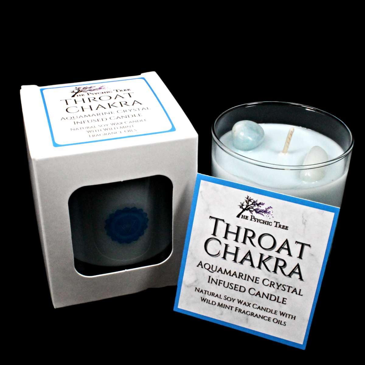 Throat Chakra - Crystal Infused Scented Candle Infused with Aquamarine Healing Crystals, and is Scented with Wild Mint Fragrance Oils.