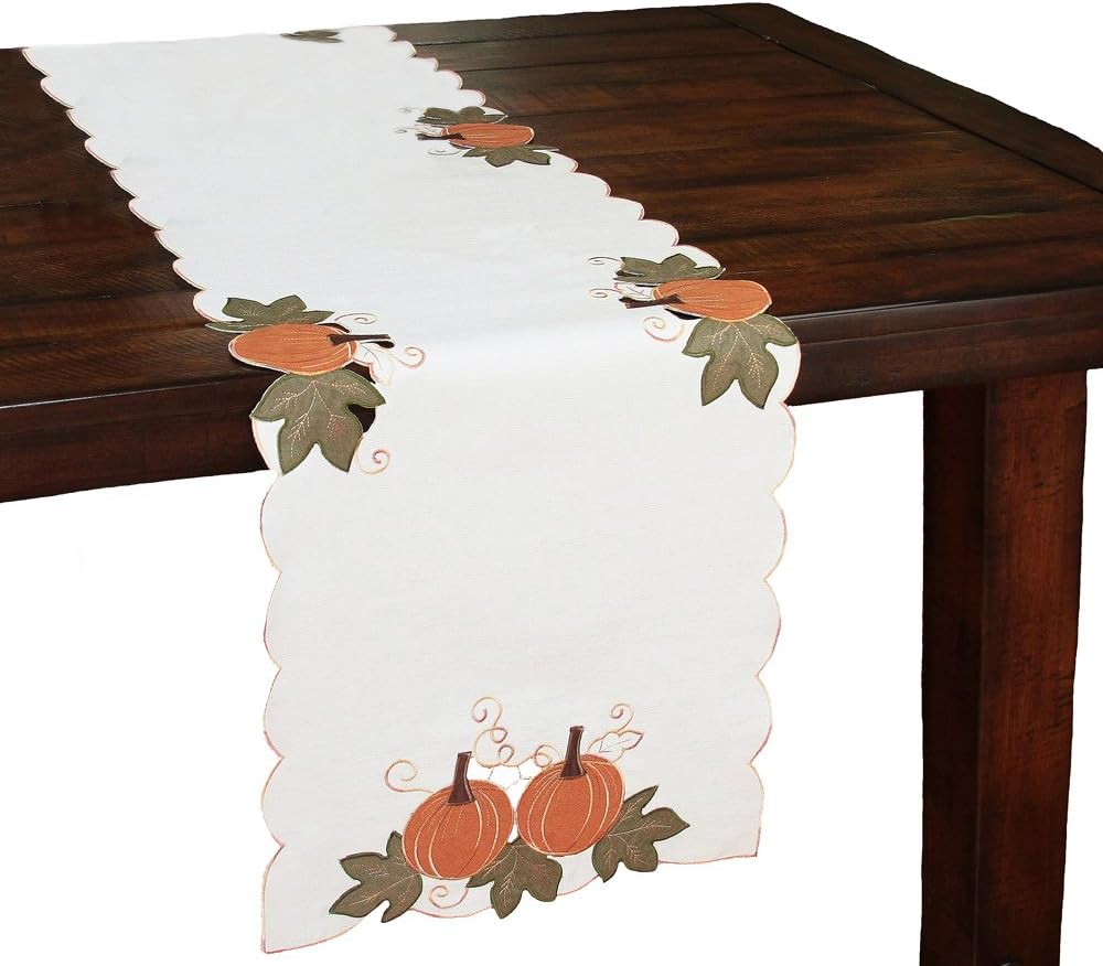 Pumpkin Patch Embroidered Cutwork Linens Collection Fall Table Runner, 15 by 54-Inch