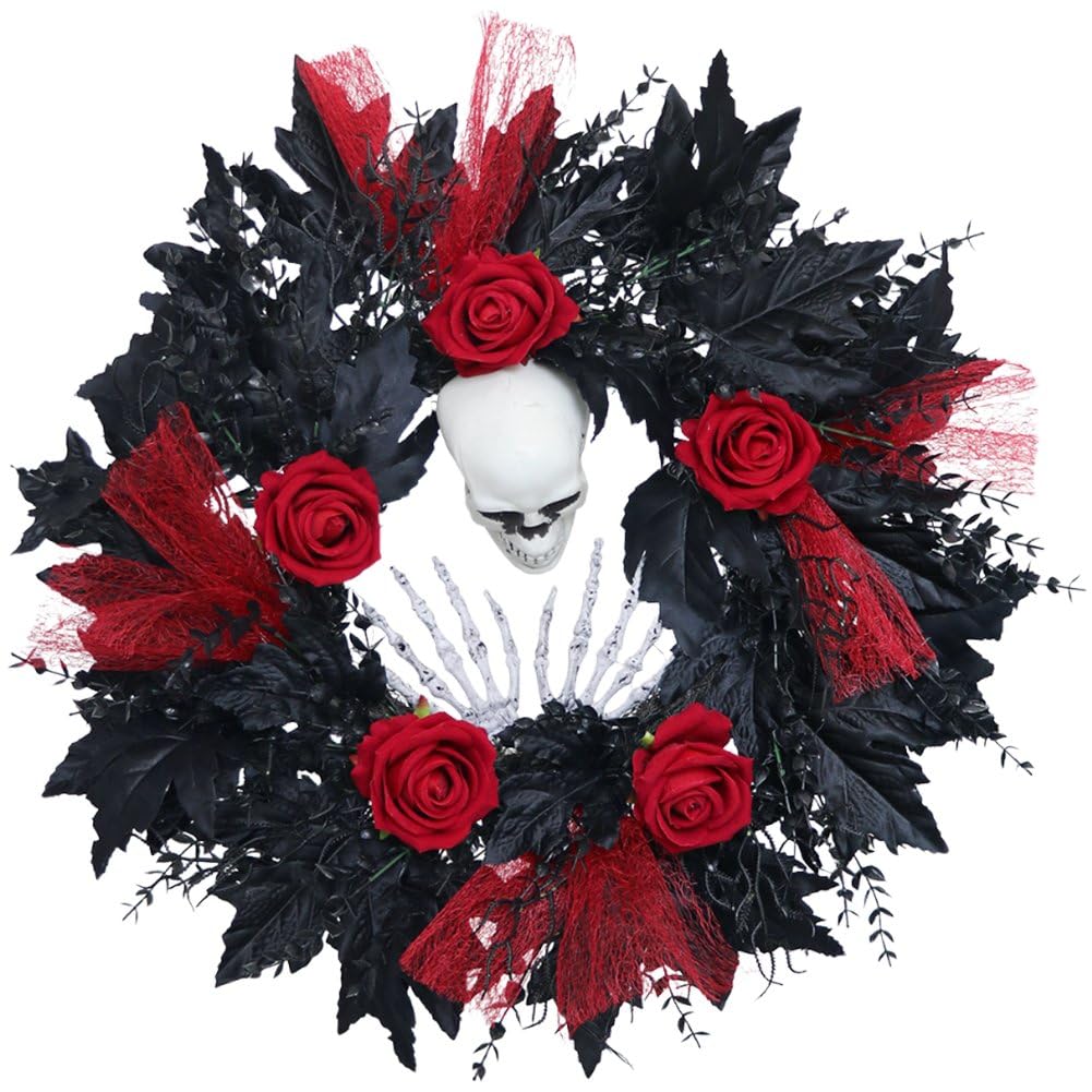 Halloween Door Wall Wreath Spooky Skull Festival Hanging Garland Gothic Red Roses Front Door Wreaths for Party Decor