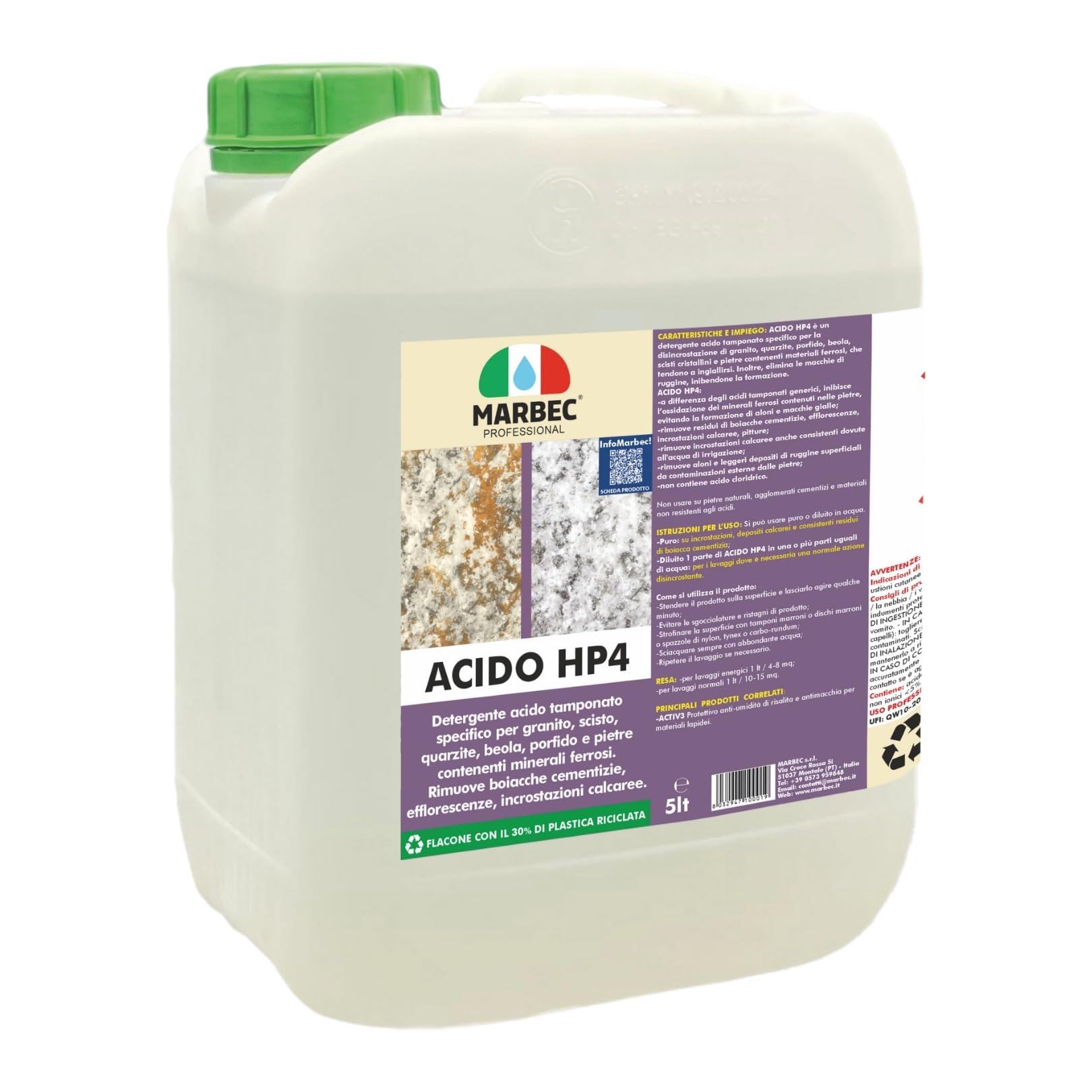 MARBEC ACIDO HP4 5LT Detergente acido tamponato specifico per la pulizia disincrostante di pavimenti in porfido, granito e pietre contenenti materiali ferrosi.