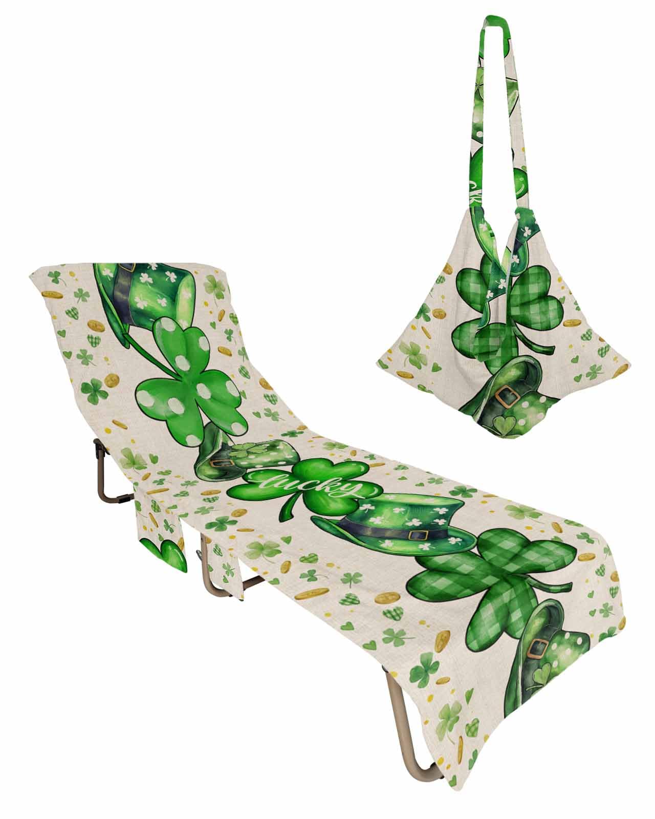 Green St. Patrick's Day Beach Lounge Chair Towel Cover, Soft Chaise Lounge Towel with Side Pockets Patio Pool Chairs Cover for Beach/Pool Sunbathing 29x85 Lucky Clovers Love Heart Rustic