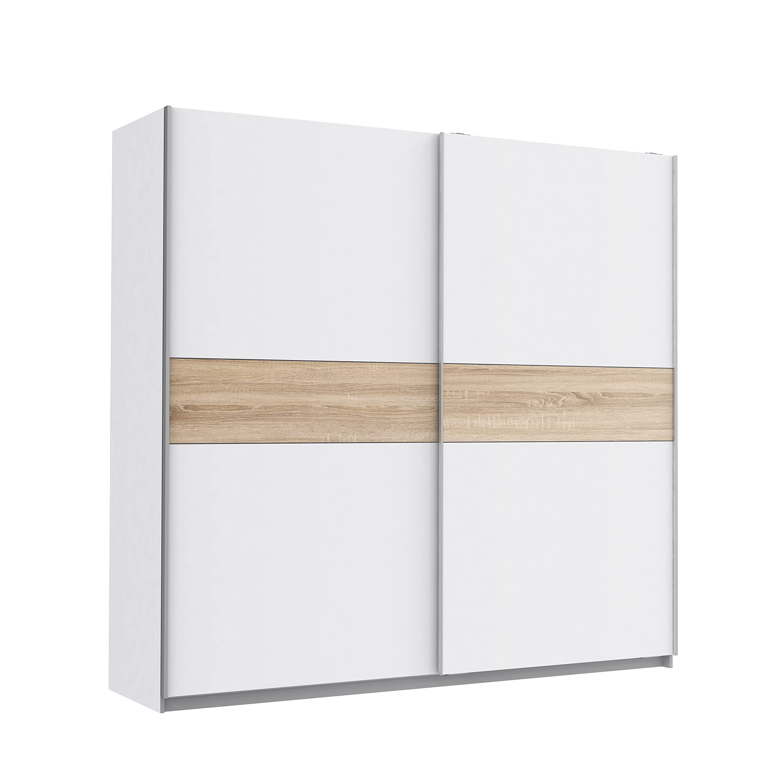 FORTE WINNER PLUS Schrank 220, Kleiderschrank Schwebetürenschrank Skandinavisch Schlafzimmer 2-türig Einlegeböden Kleiderstange, Weiß / Holzdekor: Sonoma Eiche, 220 cm breit x 210 cm hoch x 61 cm tief