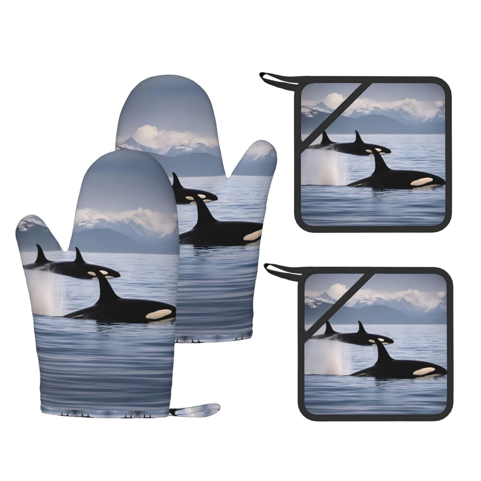 Killer Whales Swim Along Printed Kitchen Set with Heat Resistant Oven Gloves & Non-Slip Pot Holders for Daily Cooking
