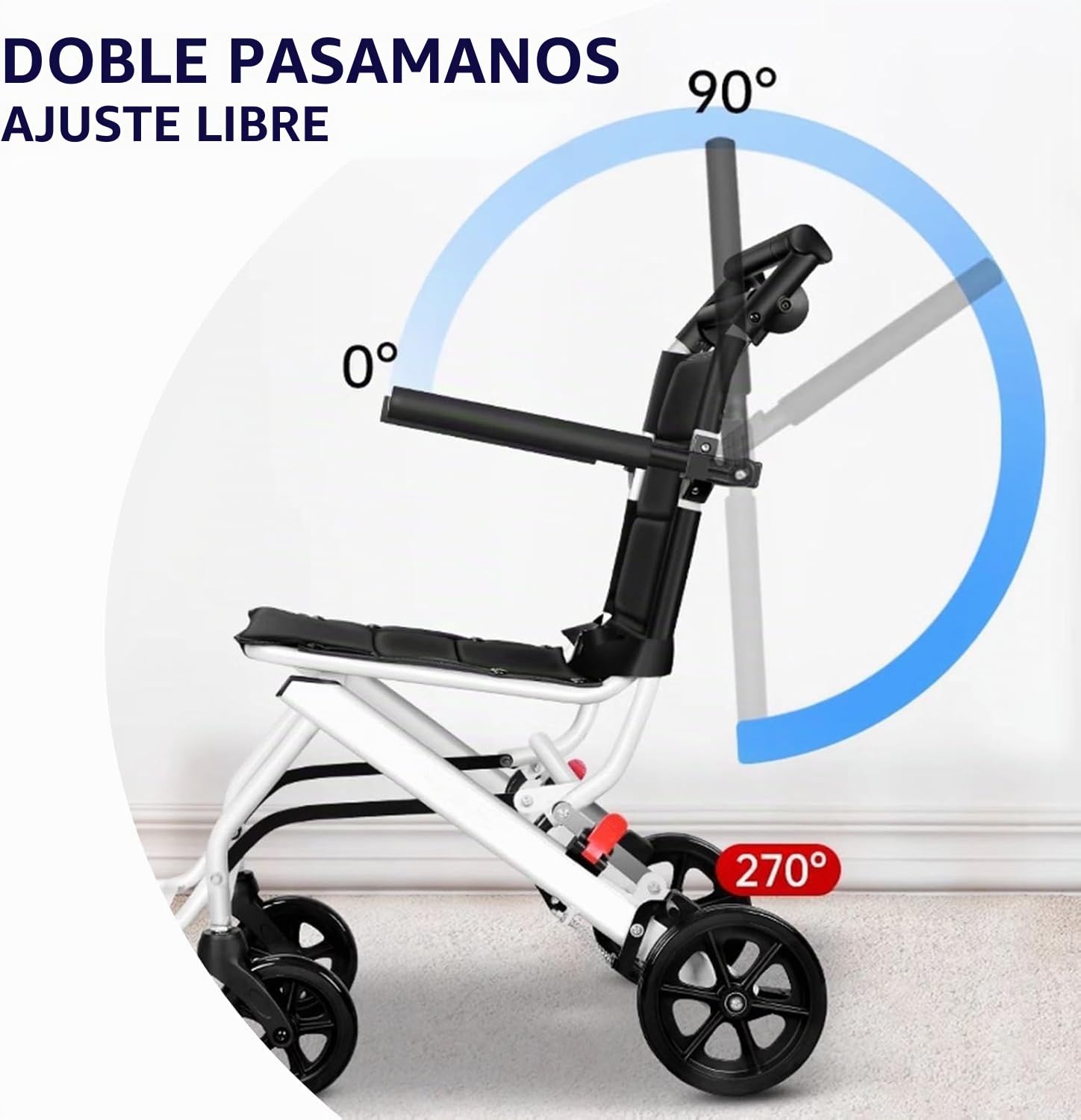 Silla de ruedas plegable ligera, solo 8,2 kg, sillas de ruedas de transporte portátiles con correa de seguridad ajustable, reposabrazos abatibles de 270°, reposapiés extraíble, silla de viaje