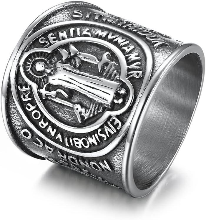 OIDIMS St. Benedict Exorcism Holy Brand Band Ring for Men Women Christian Saint Jesus Protection Domineering Exorcism Rings Religious Stainless Steel Catholic Roman Demon Ghost Hunter Jewelry Gift