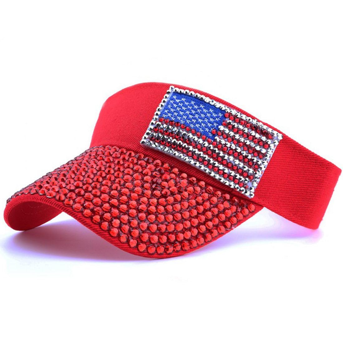 JNKET Women Sun Visor Hat Rhinestone Empty Top Hat American Flag Visor Cap Outdoor Sport Cap (US, Alpha, One Size, Medium, C)
