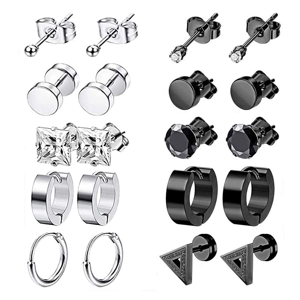 Bhina 10 Pairs Negro Pendientes,Pendientes Acero Inoxidable Hombres,Pendientes Sin Alergias Hombres,Neutral Earrings In A Mix Of Silver And Black,Used On Ear Cartilage Or Other Parts
