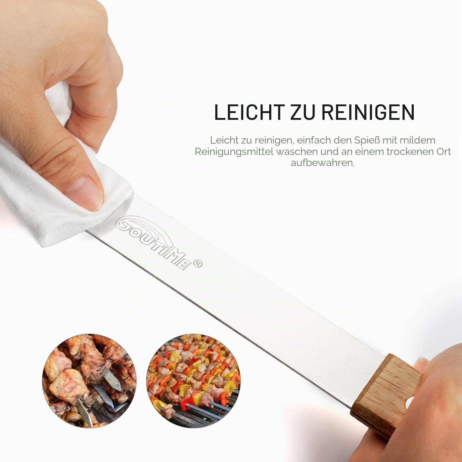 Goutime adana Spieße für Kabobs,Shish Kebab Holzspieße zum Grillen,Metall Edelstahl Barbecue BBQ Grill Spieße,kebab spieße breit,Set von 7 mit Tasche,(60cm lang,2.5cm Breite)