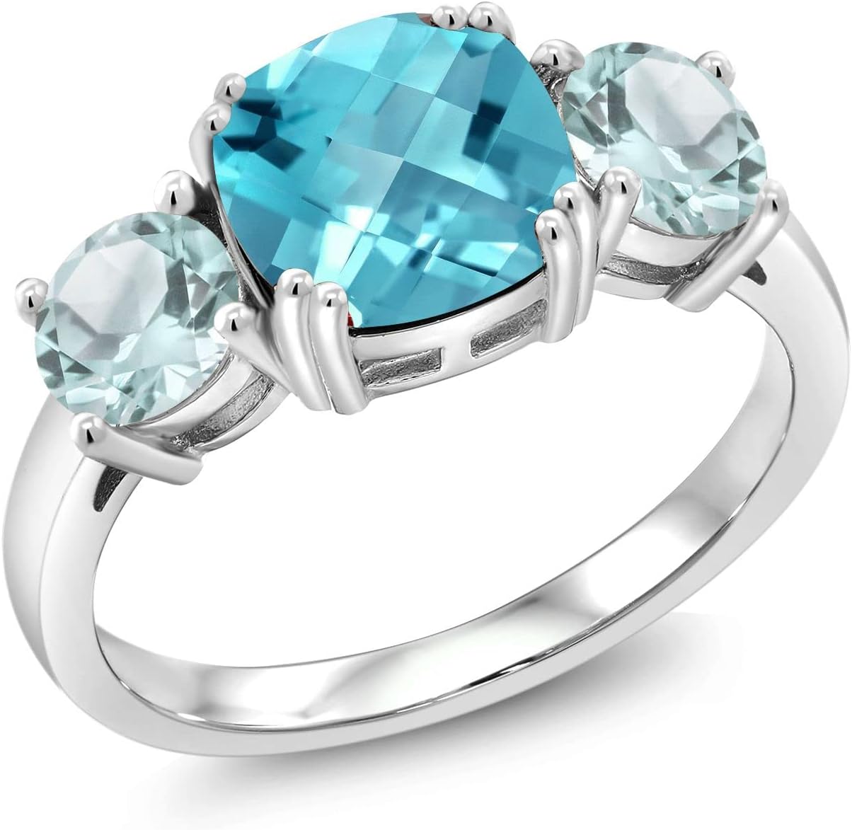 Gem Stone King 925 Sterling Silver Swiss Blue Topaz and Sky Blue Topaz 3 Stone Engagement Ring For Women (3.75 Cttw, Gemstone November Birthstone, Cushion Checkerboard 8MM)