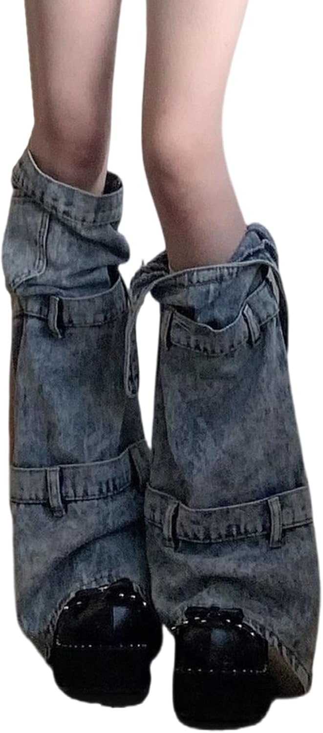 Women's Punk Asymmetric Blue Jeans Leg Warmers with Bandages Subcultures Washed Denim Leg Covers Loose Flared Socks Unique Bandages Leg Warmers