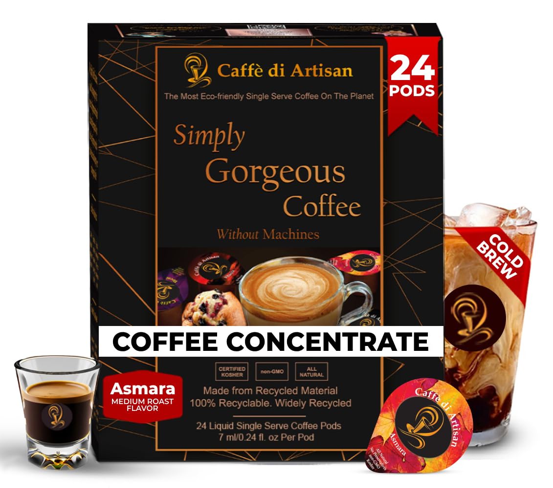 Caffè di Artisan Liquid Coffee Pods – Premium Single-Serve Coffee for Cold Brew concentrate, Iced Coffee & Hot Coffees – Machine-Free, Eco-Friendly, Ready in Seconds. Rich; Asmara with Frother; Arabica; Medium Roast – 24 Count