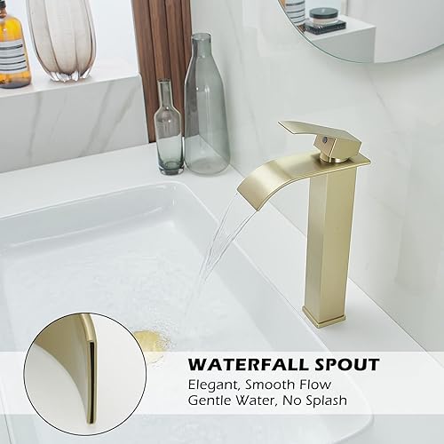 Miniatura 3 de BWE Grifo de lavabo de buque, grifo dorado cepillado para lavabo de baño, grifo de baño alto de cascada de una sola manija, grifo de lavabo de