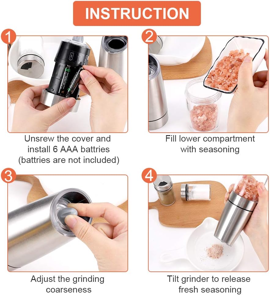 Gravity Salt and Pepper Grinder Set, Battery Powered Stainless Steel Electric Salt Mill, Automatic Adjustable Coarseness Portable Spices Shaker with light for Kitchen Restaurant Picnic