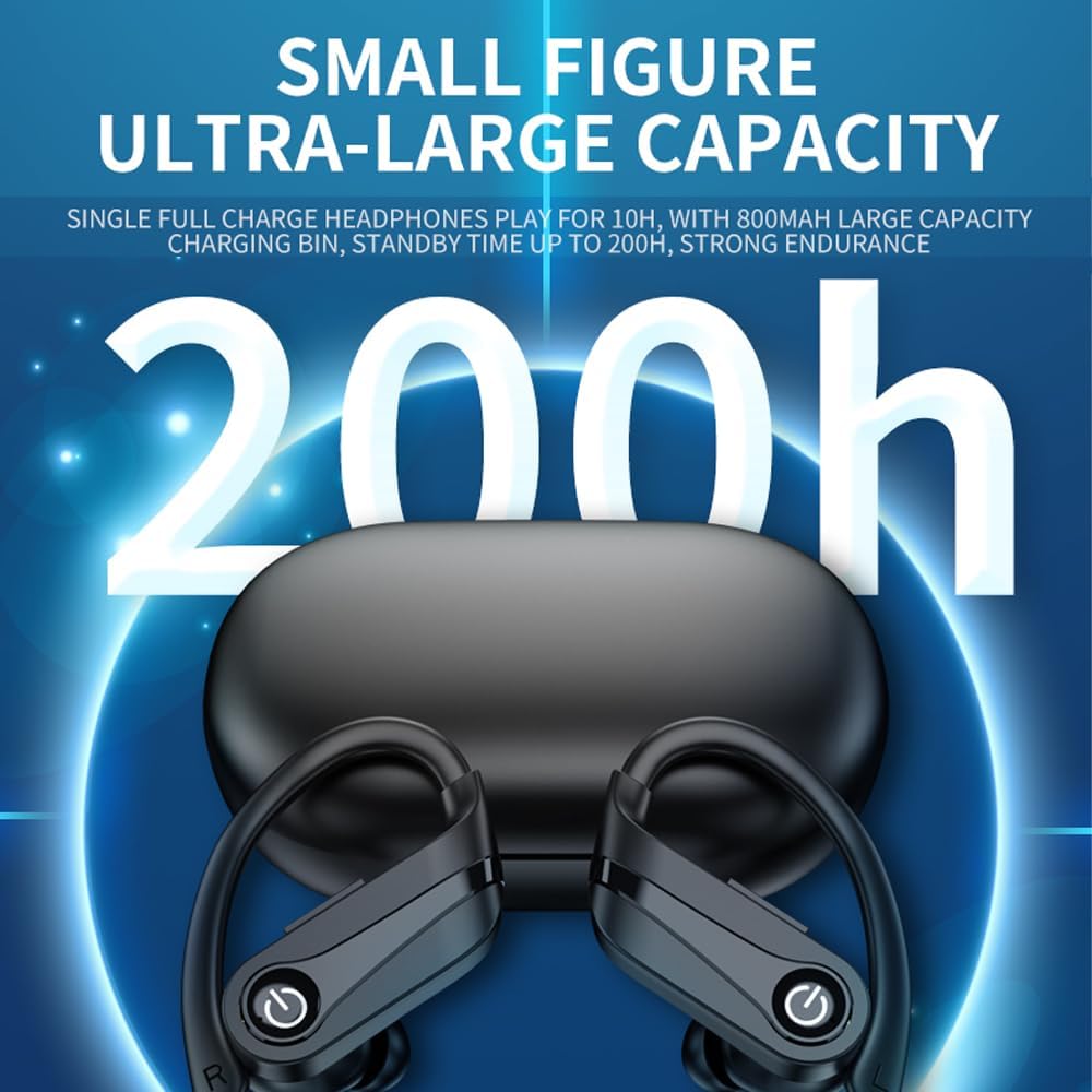 Wireless Earbuds Bluetooth Headphones Double Stereo Channel Hanging Ears Immersive HiFi Extra Long Battery Endurance Hd Noise Cancelling Calls Charging Case Digital Display For Music Sports Game Black