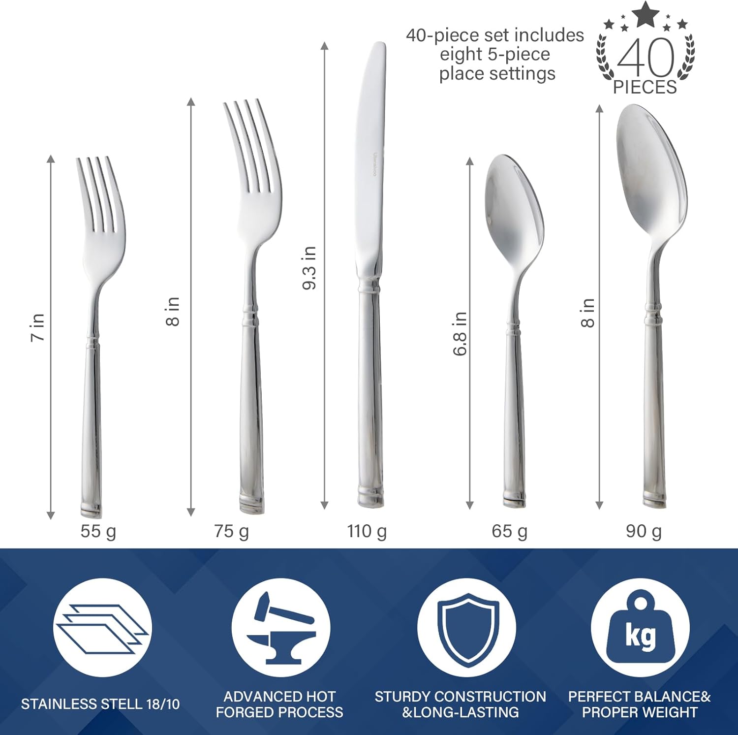 40-Piece Silverware Set for 8，Serenity Flatware Set 18/10 Stainless Steel，Fine Cutlery Set with Forks, Knives, Spoons，Durable and Elegant Design Tableware，Dishwasher Safe
