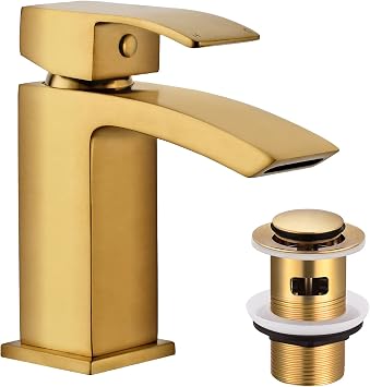 Hapilife Basin Taps Mixer Waterfall with Pop-up Waste Brushed Gold Bathroom Sink Taps Mixers Square Gold Mono Cloakroom Faucet Monobloc 1 Hole with Slotted Waste Click Clack Single Lever