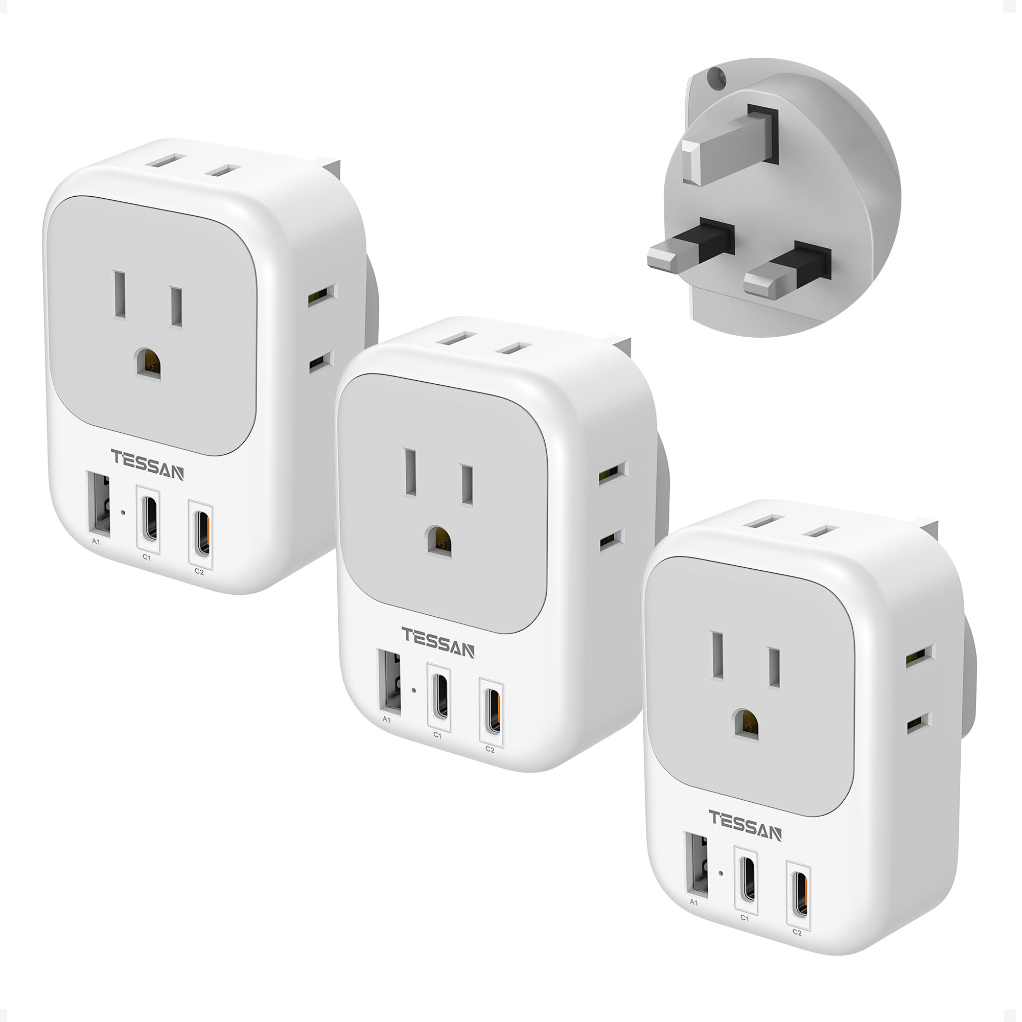 US to UK Plug Adapter 3 Pack, TESSAN Type G Adapter for Travel with 4 Outlets 3 USB (2 USB-C), Power Adaptor for US to UK Ireland London Scotland Kenya Dubai Singapore Hong Kong white gray
