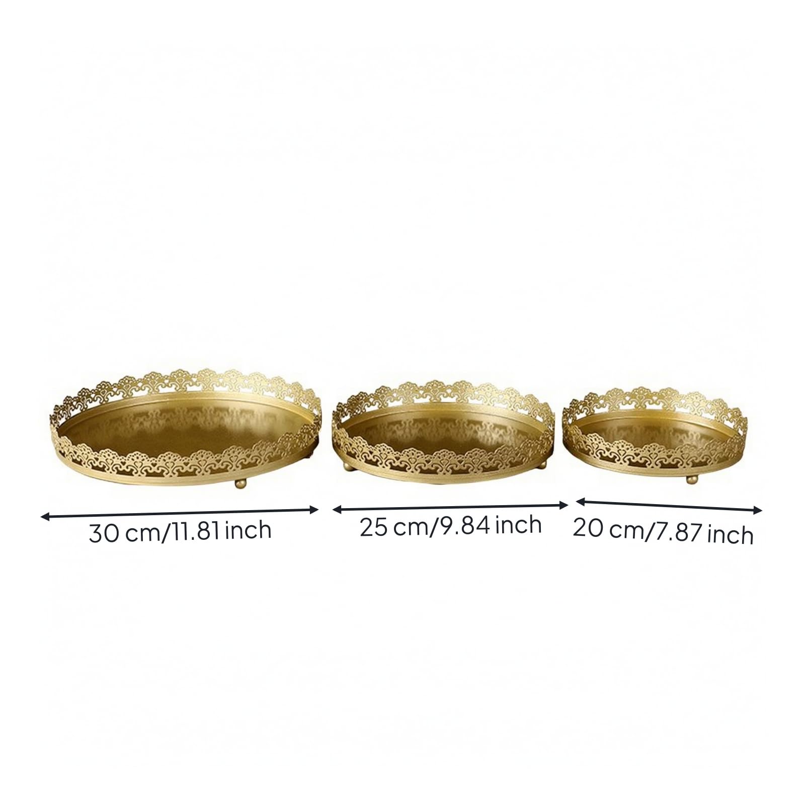 3 Stück Stabil Serviertablett mit Fuß | Dekorativer durchbrochener Rand, Desserttablett mit Zierrand, elegant, Präsentationr, für Kaffeetafel, Hochzeit