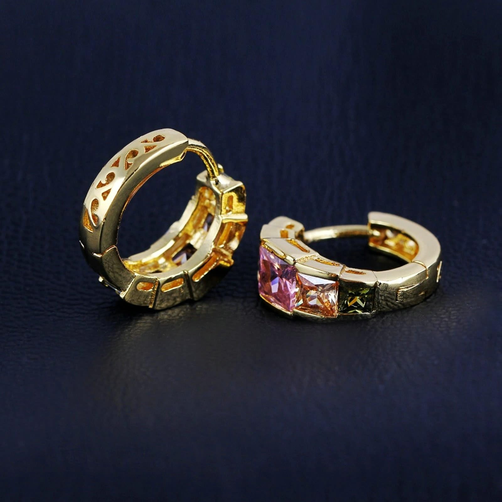 Pendientes de aro 750 de oro auténtico, pendientes para mujer, diseño hueco con cuadrado de cristal rosa, citrino, peridoto, boda, pendientes para novia, oro amarillo