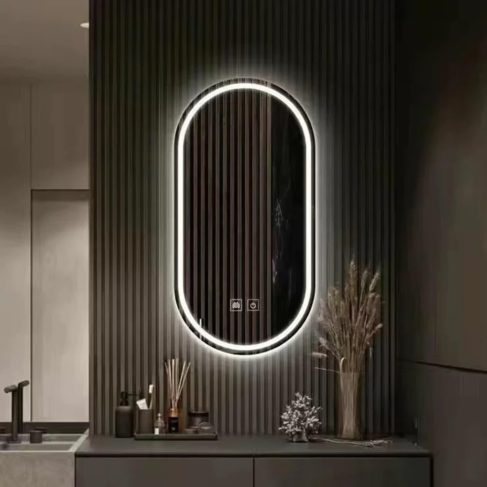 Owalne lustro łazienkowe LED, 3 kolory, bezstopniowe ściemnianie, przeciwmgielne, podświetlane, metalowa rama, montowane na ścianie, lusterko do golenia, czarne, 50 x 80 cm (19,7 x 31,5 cala)