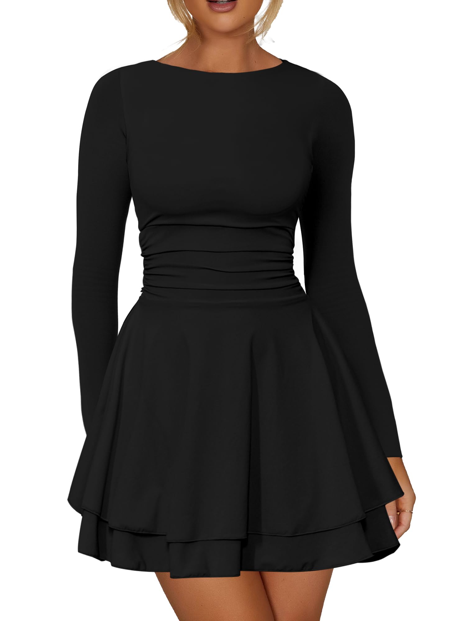 Kaximil Women's Crew Neck Long Sleeve Corset Mini Dress Ruffle Hem Short Party Club Dresses